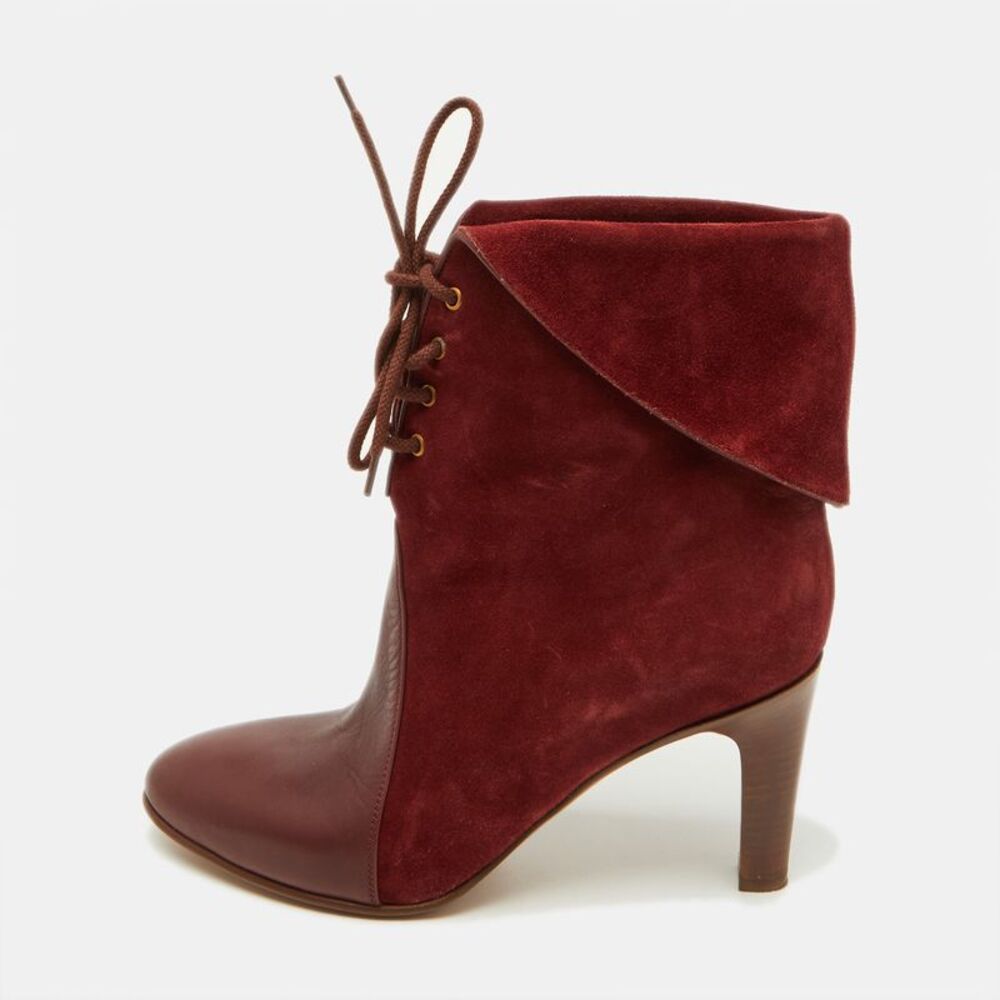Chloe Burgundy Suede And Leather Kole Lace Up Booties Size 38